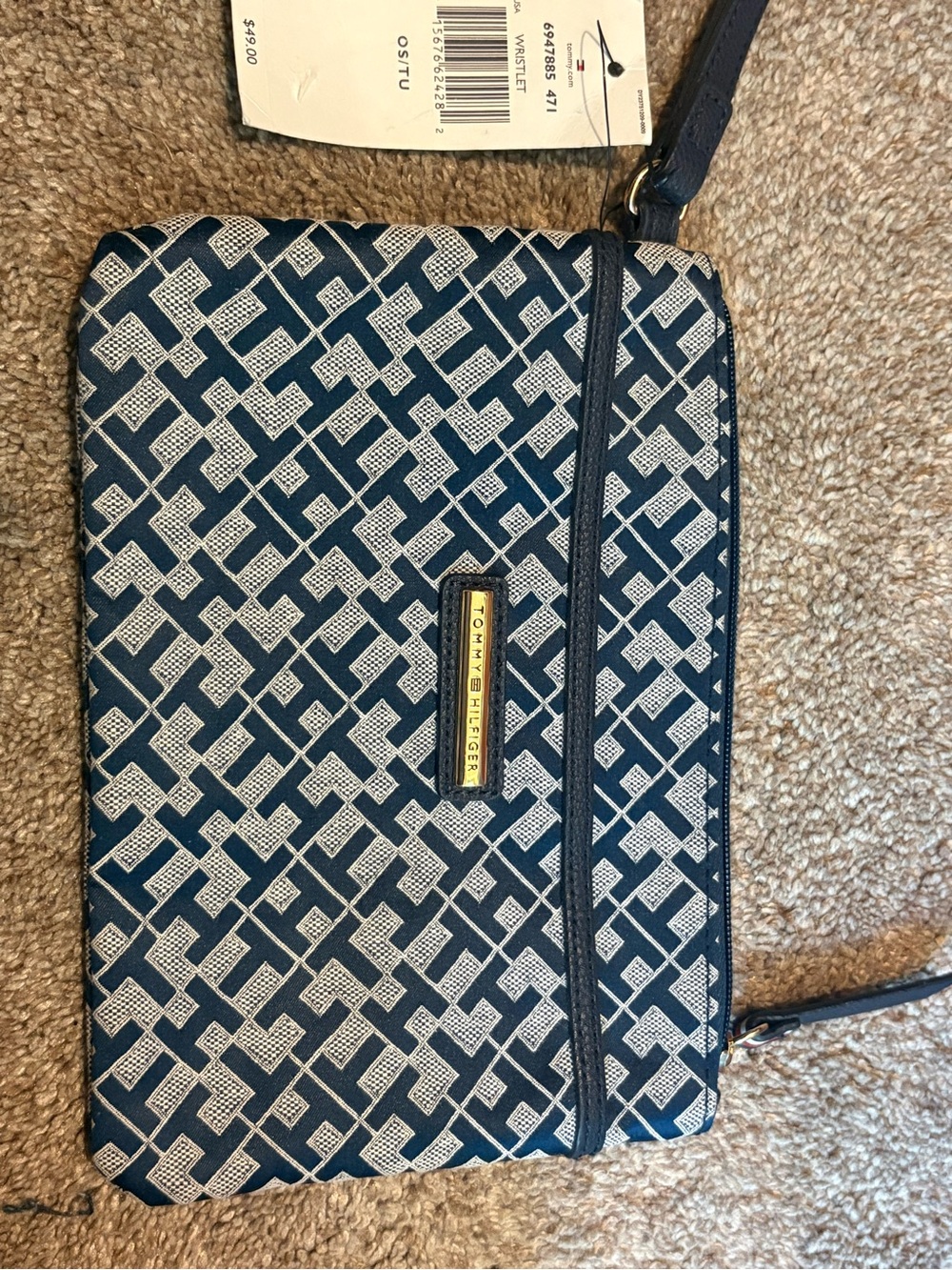 Tommy Hilfiger Navy and White Geometric Wristlet Crossbody